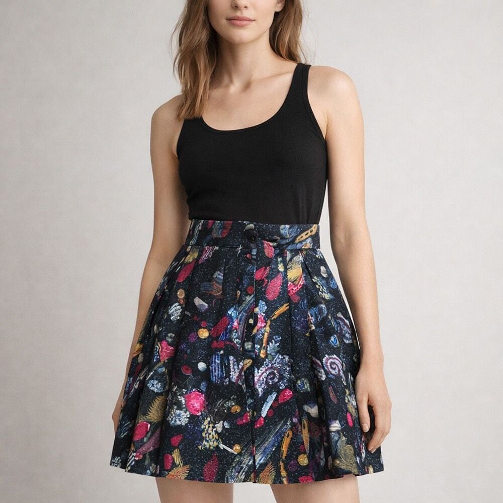 & Other Stories Pleated Mini Skirt Black Abstract Print US 4